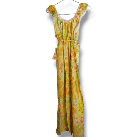 Vtg Ameritex Womens Nightgown Sz Small Maxi Yellow Print Elastic Waist Neck - Picture 1 of 10